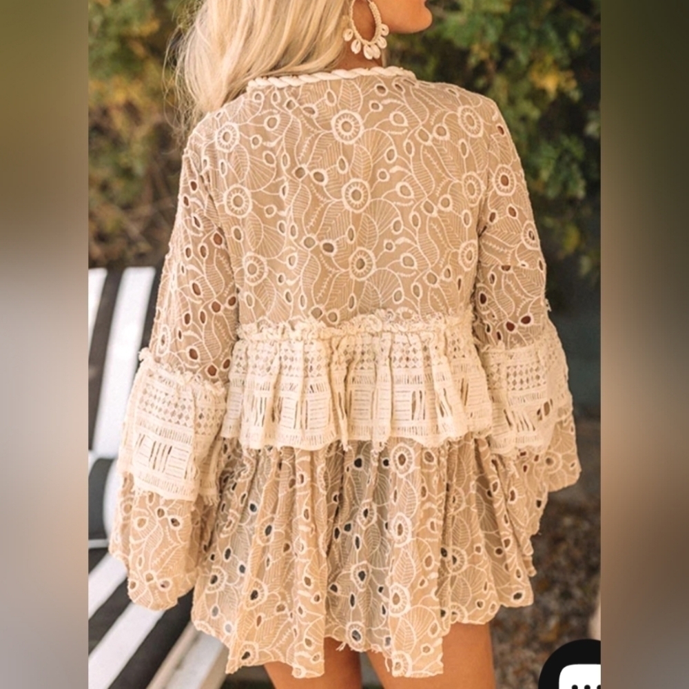 Gipsy Queen Barok Paris Boho Eyelet Lace Embroidered Open Tie-Front Cardigan Tan - Picture 2 of 16